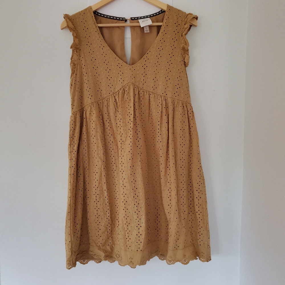 KNOX ROSE Tan Eyelet Babydoll Mini Dress S Flutter Sleeves Fall Boho Cowgirl EUC